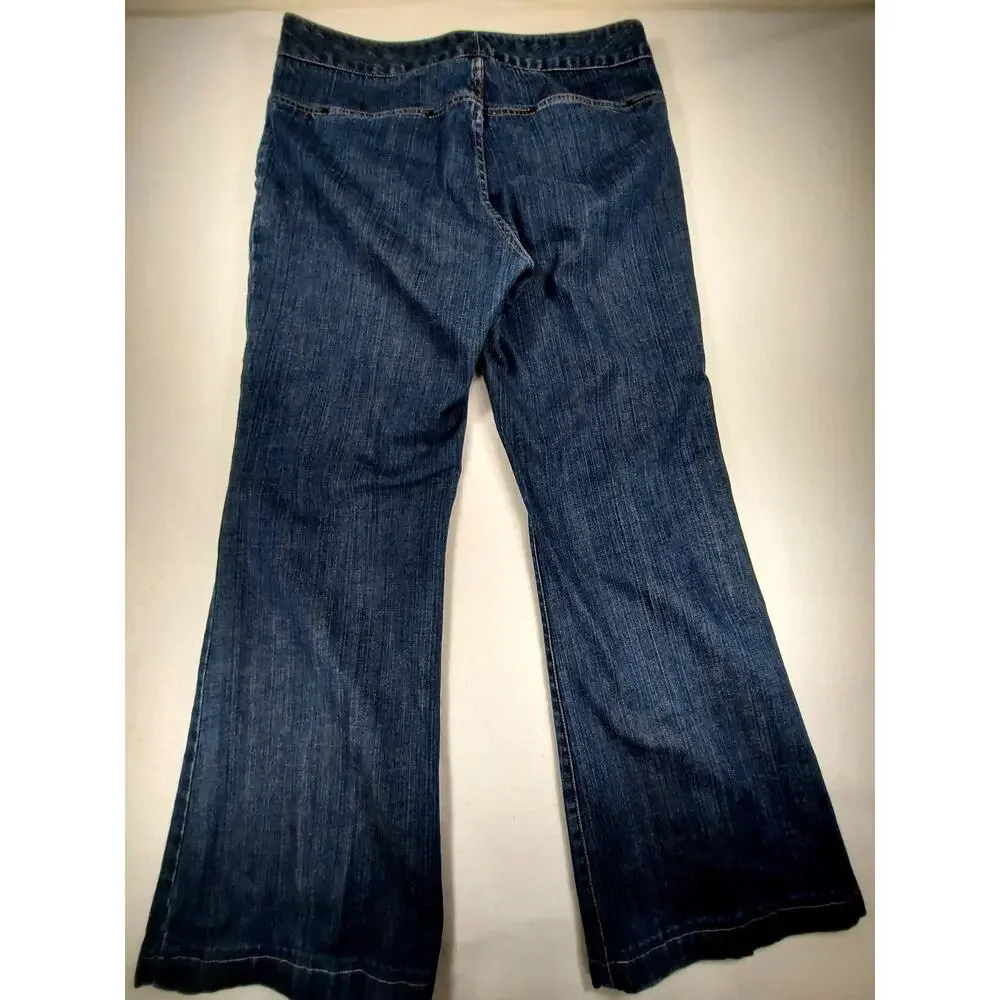 Tahari Women's Dark Wash Wide Leg Denim Trouser Jeans Boho Flare Size 34 Waist